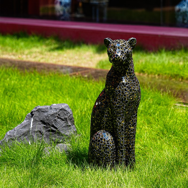 Home Office With Sofa - Black Gold Glass Patch Leopard Sculpture