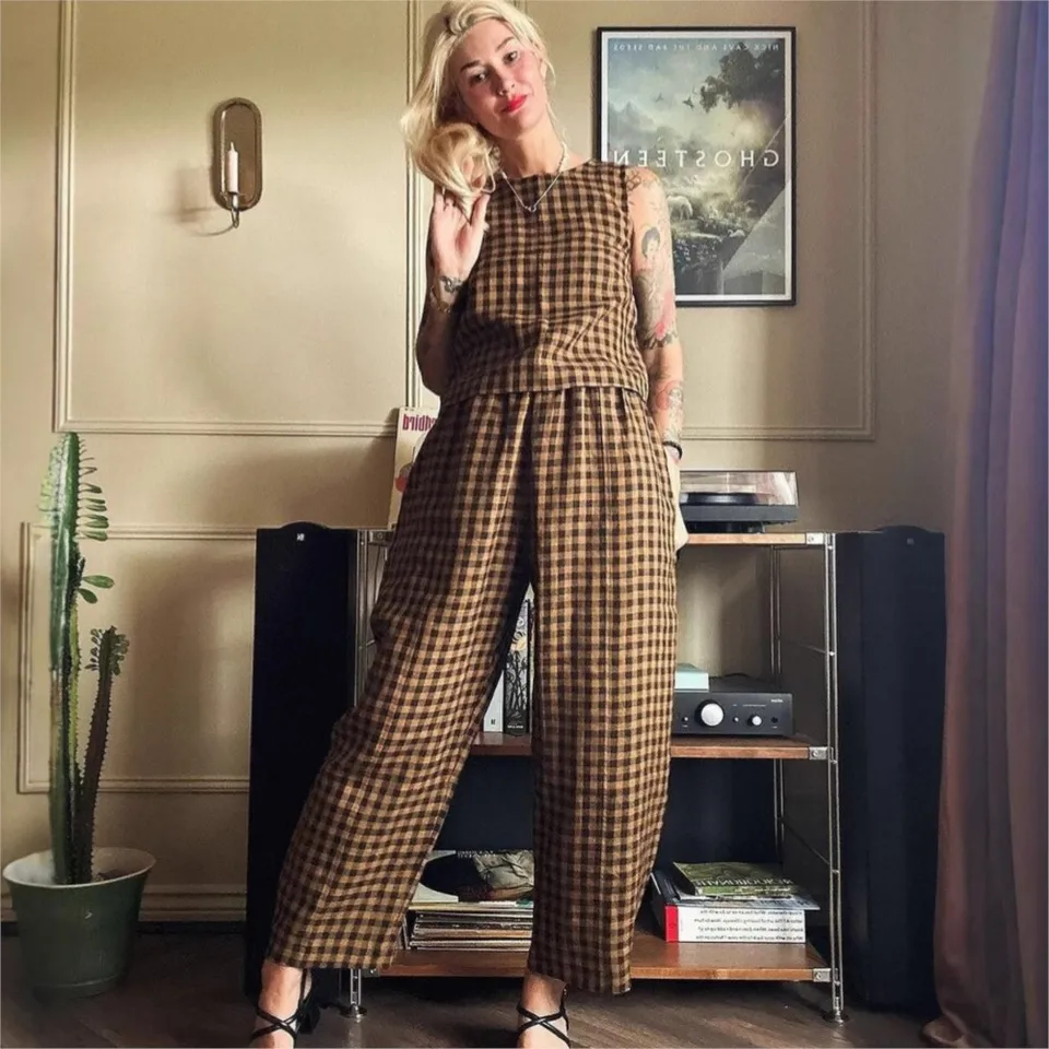 Fashion Printed Plaid Sleevele - Home Office 2024 ulasan dan harga