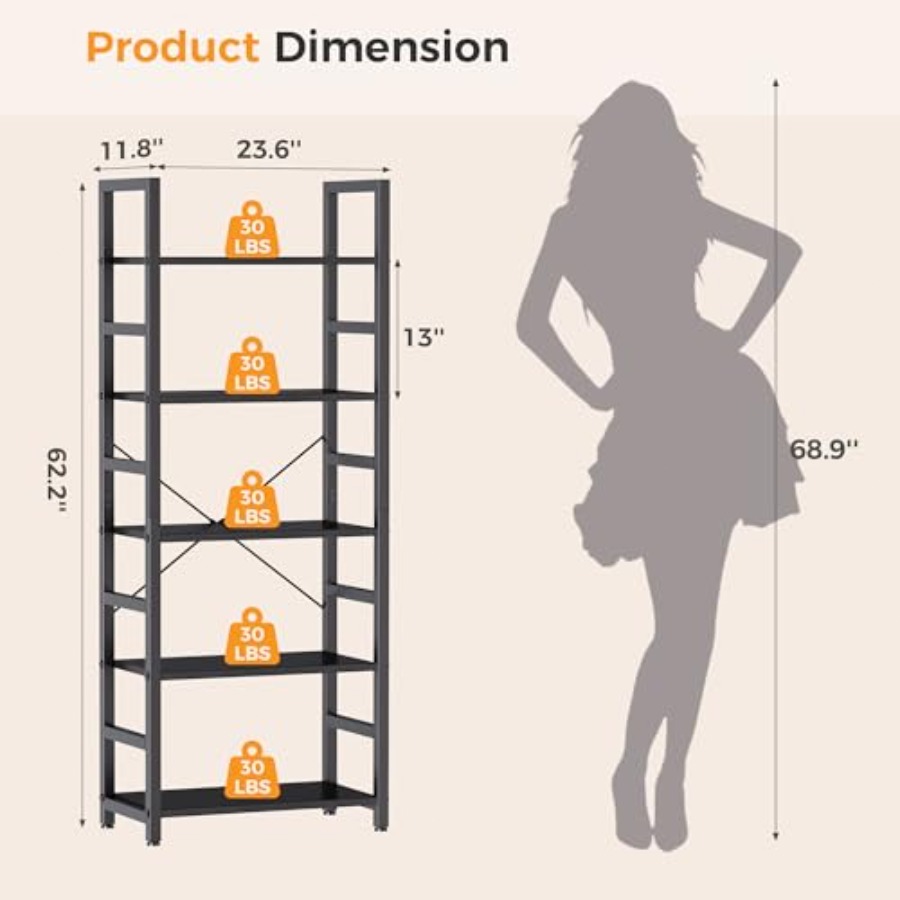 5-Tier Bookshelf, Modern Tall  - Home Office Living Room ulasan dan harga