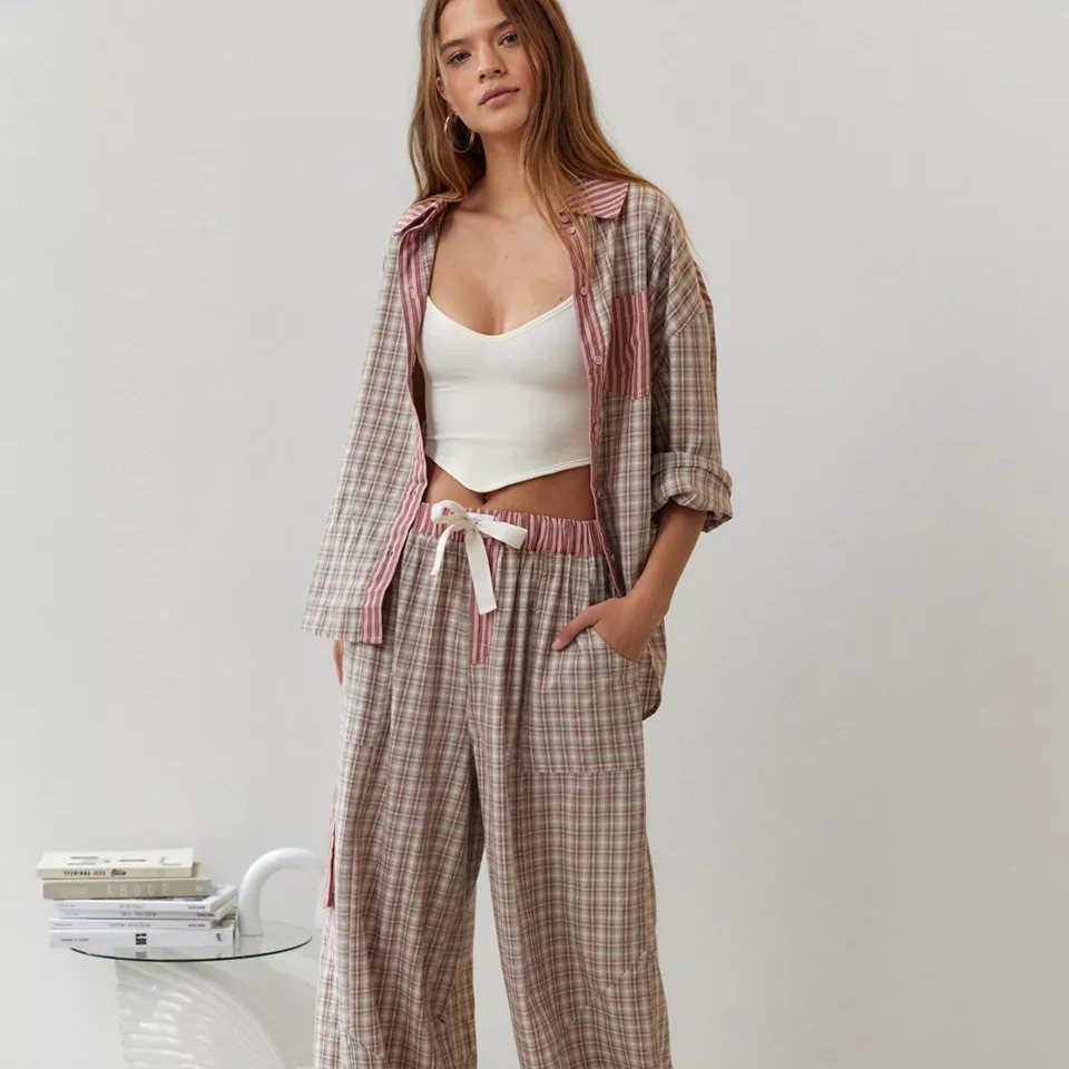 Stripe Plaid Patchwork Blouse  - Home Office 2024 ulasan dan harga