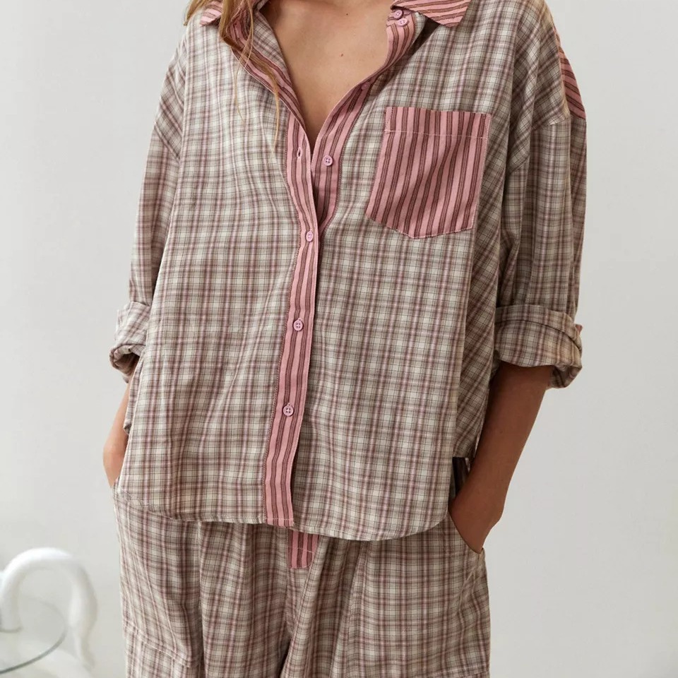Stripe Plaid Patchwork Blouse  - Home Office 2024 ulasan dan harga