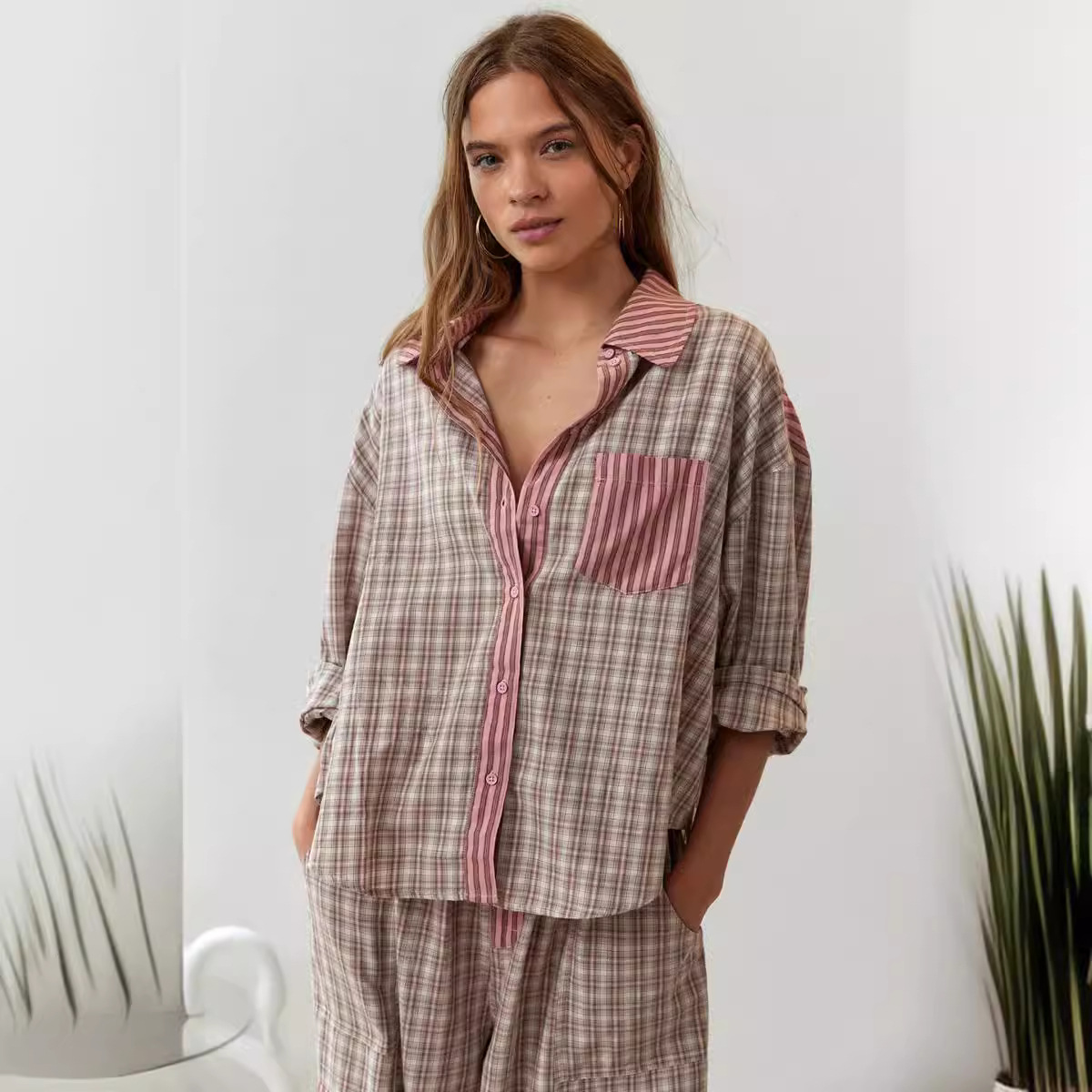 Stripe Plaid Patchwork Blouse  - Home Office 2024 ulasan dan harga