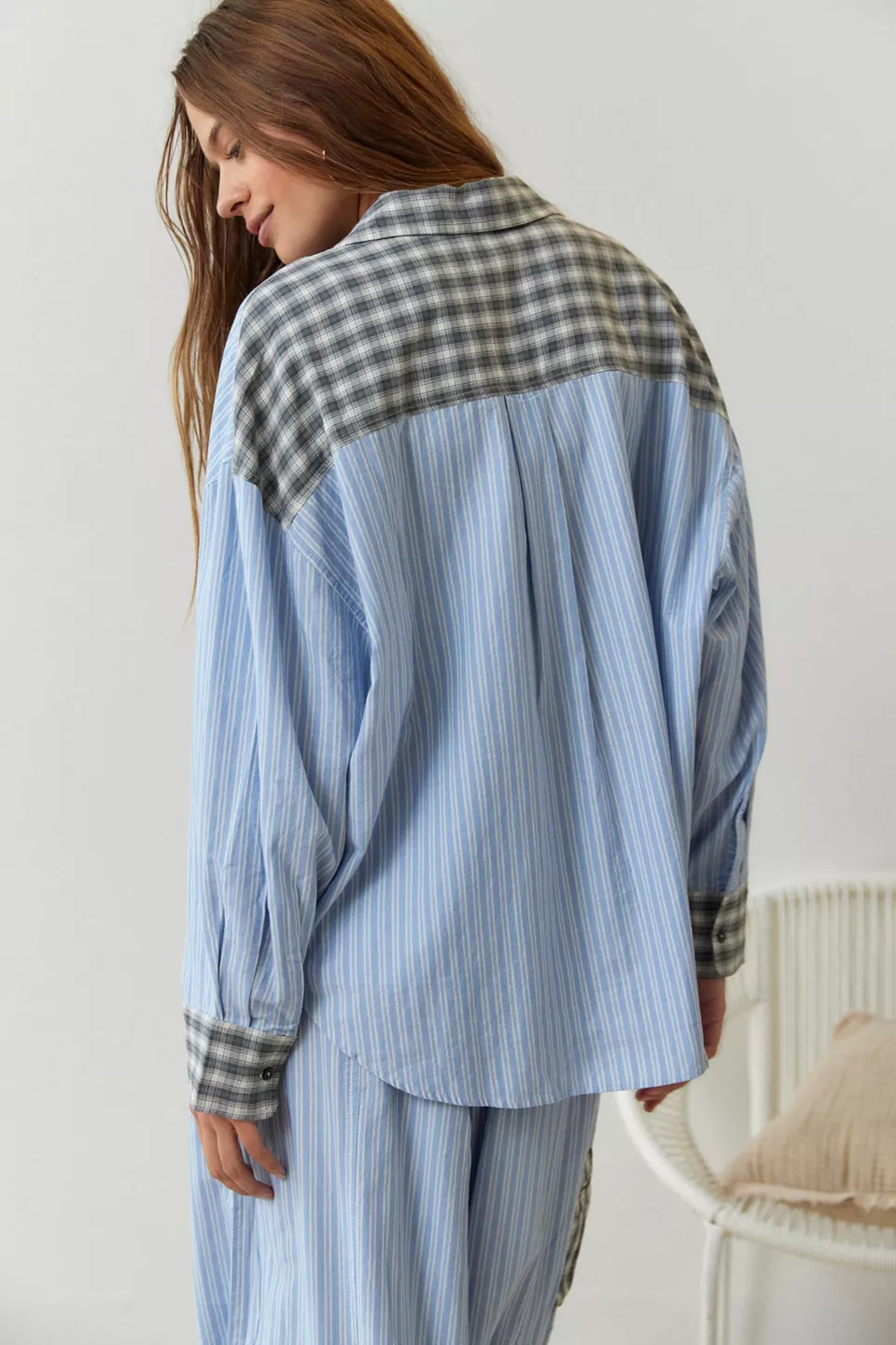 Stripe Plaid Patchwork Blouse  - Home Office 2024 ulasan dan harga